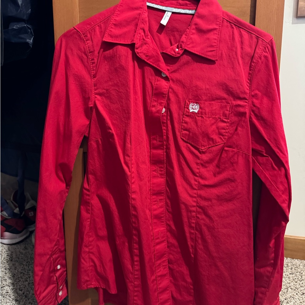 Cinch Red Button Down Shirt for Women